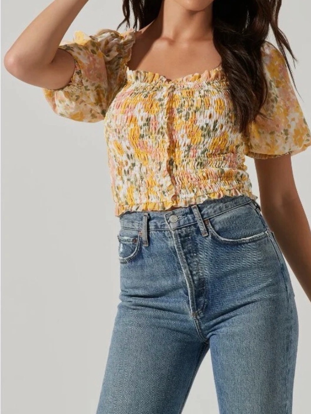 ASTR Floral Shirred Half Sleeves Women Top size L